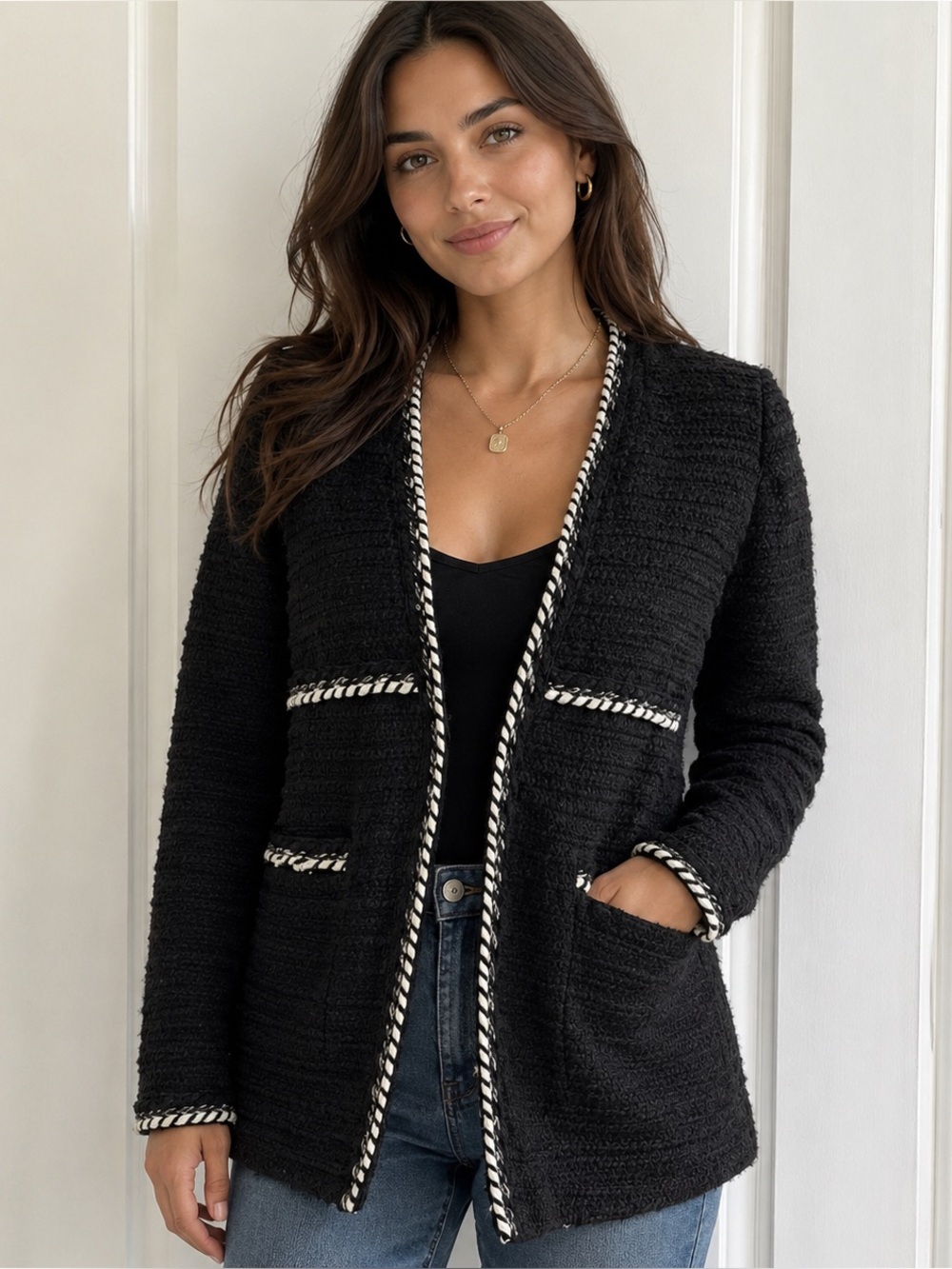 ZARA Women’s XS Black Textured Tweed Classic Blazer Work Business Attire Rare